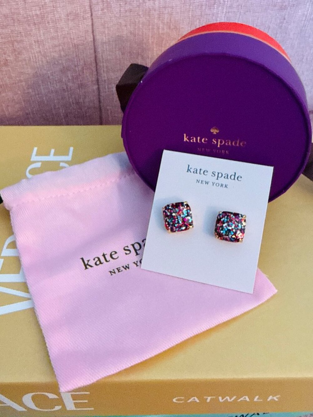 NWT Kate Spade Square Glitter Multi Color Stud Earrings Gold Plated!